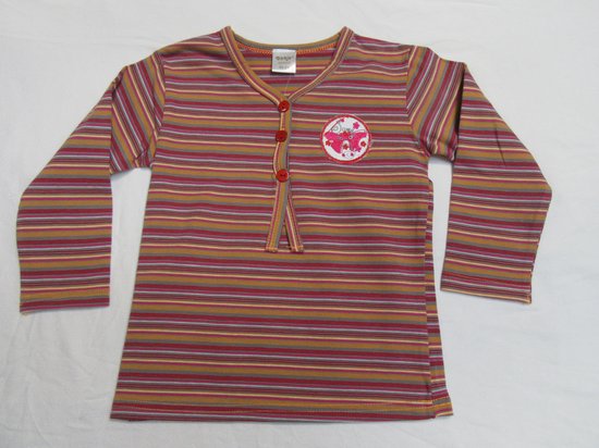dirkje , meisjes, t-shirt lange mouw , streepje orange /taupe/ rood/roze/geel    , 5 jaar 110
