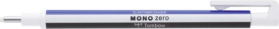 Tombow Mono Zero elastomeer gum met een witte behuizing, blauwe en zwarte strepen en een metalen punt.