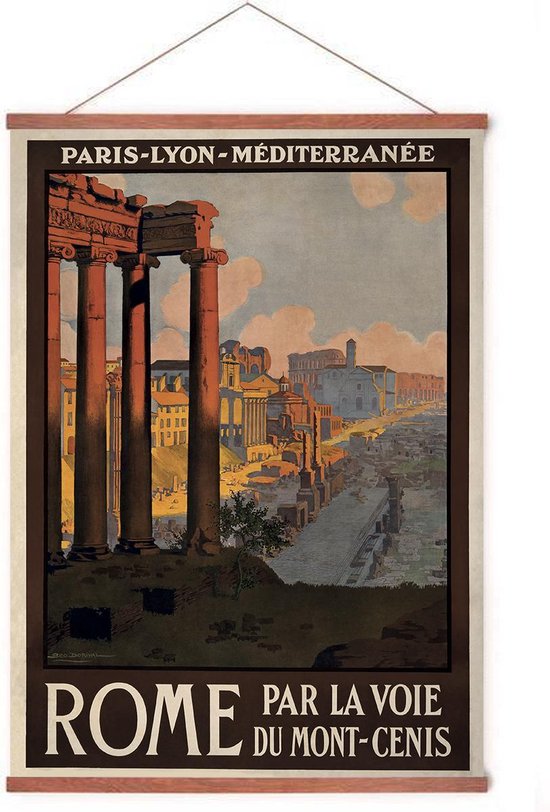 Poster In Posterhanger - Vintage Reisposter - Kader Hout - Rome, Parijs & Lyon - 70x50 cm - Ophangsysteem