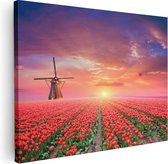 Artaza Canvas Schilderij Rode Rozen Bloemenveld Met Een Windmolen - 80x60 - Foto Op Canvas - Canvas Print