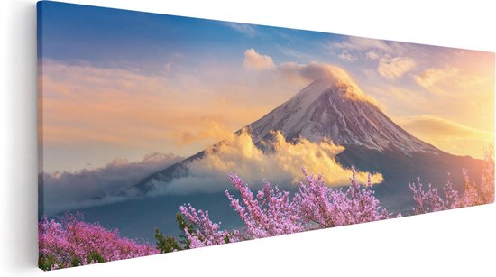 Artaza Canvas Schilderij Fuji Berg Met Roze Bloesembomen - Bloemen - 120x40 - Groot - Foto Op Canvas - Canvas Print