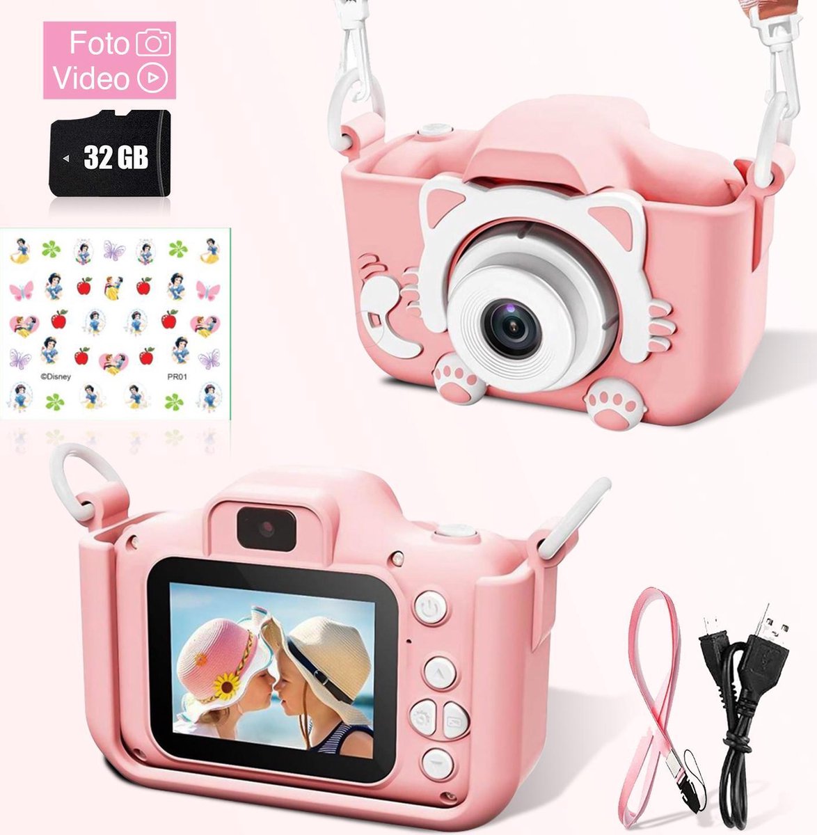Ilona® Digitale Kindercamera HD 1080p inclusief stickervel | 32GB micro sd kaart |Roze - Ilona