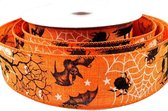 Halloween Lint met IJzerdraad | Luxe Weefband 30mm (3,0cm) | Jute Polyester | Oranje met Zwarte en Witte Spinnen Vleermuizen | Cadeaulint | Decoratielint | Lengte: 3 Meter
