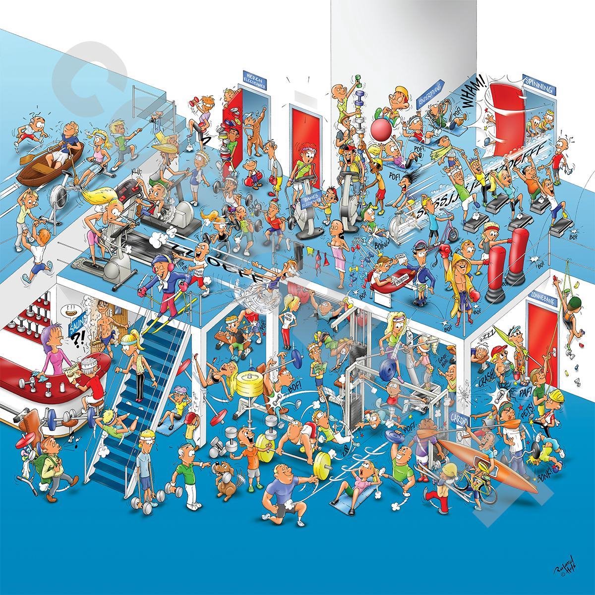 Cartoon plafondplaat - Poster - Roland Hols - Sportschool - 60 x 60 cm - Forex 5 mm dik - Tandarts - Orthodontist -Mondhygiënist - voor boven de behandelstoel
