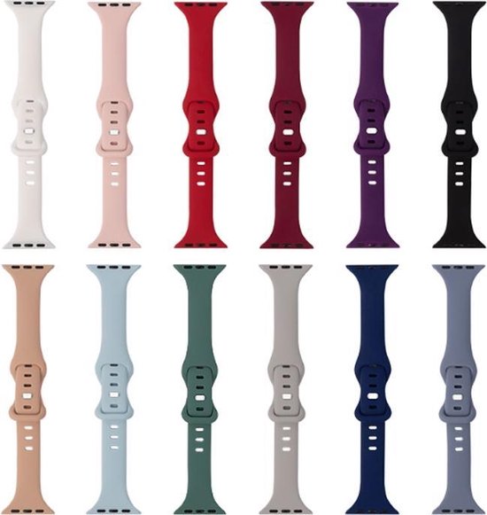 Twaalf Apple Watch bandjes in verschillende kleuren, liggend in twee rijen.
