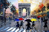 JJ-Art (Canvas) | Arc de Triomphe, Parijs in abstract geschilderde look - woonkamer | Frankrijk, mensen, paraplu, gebouwen, rood, blauw, geel, grijs, modern | Foto-Schilderij print op Canvas 