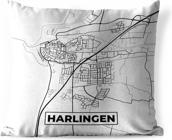 Sierkussen Buiten - Kaart - Harlingen - Zwart - Wit - 60x60 cm - Weerbestendig