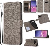 Voor Samsung Galaxy S10+ Skin Feel Reliëf Zonnebloem Horizontale Flip Lederen Case met Houder & Kaartsleuven & Portemonnee & Lanyard (Grijs)
