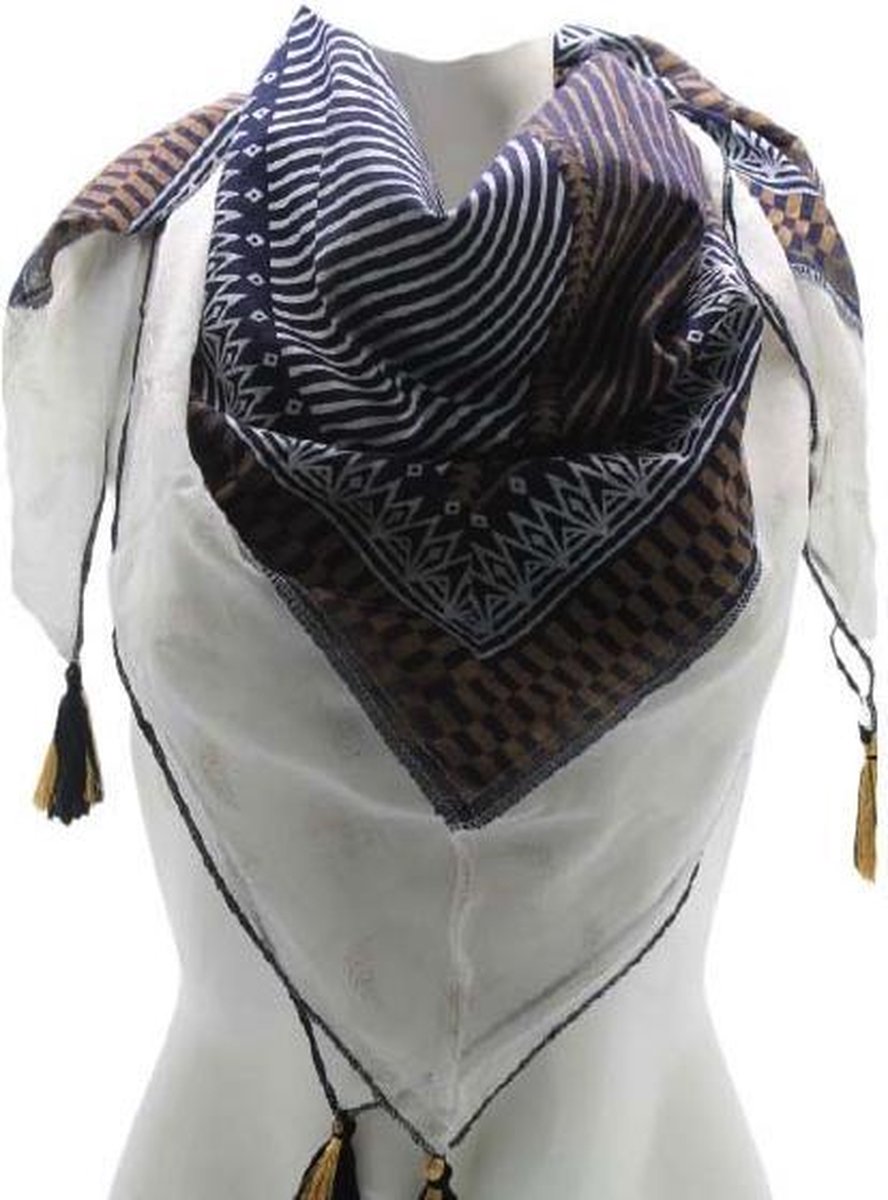 Sjaal Dames Vierkante sjaal wit met blauwe en witte strepen