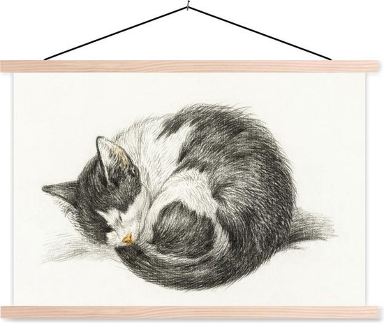 Posterhanger incl. Poster - Schoolplaat - Opgerolde slapende kat - schilderij van Jean Bernard - 150x100 cm - Blanke latten