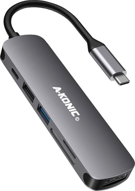 A-KONIC USB C HUB 6 in 1 - met / naar HDMI 4K, 2x USB 3.0 (thunderbolt), USB C opladen, Micro/SD card reader Hub – Geschikt voor Apple Macbook Pro / Air, Lenovo, Samsung - Spacegrijs