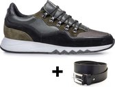 Floris van Bommel herenschoenen - Sneakers heren - Zwart Groen - Maat 41 7½ - Inclusief Herenriem