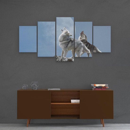 Artaza Toile Peinture Pentaptyque Deux Loups Hurlant Pendant La Pleine Lune - 100x50 - Photo Sur Toile - Impression Sur Toile