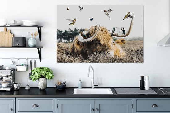 Peintures sur toile Scottish Highlander - Vogel - Bruyère - 120x80 cm - Décoration murale