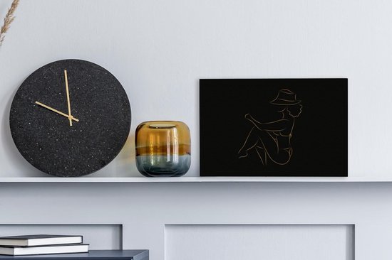 Toile Peinture Femme - Chapeau - Or - Dessin au Line - 30x20 cm - Décoration murale