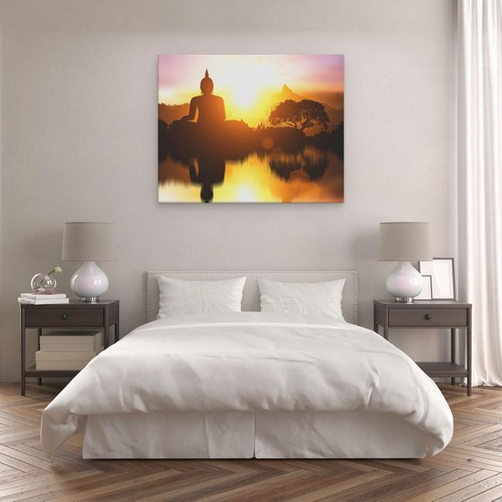 Artaza Canvas Schilderij Silhouet Van Boeddha Beeld Met Zonsondergang - 100x80 - Groot - Foto Op Canvas - Canvas Print