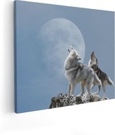 Artaza Canvas Schilderij Twee Wolven Die Huilen Tijdens Volle Maan - 100x80 - Groot - Foto Op Canvas - Canvas Print