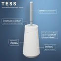 Brosse WC blanche avec manche gris, texte "TESS Design innovant et contemporain". Brosse Swoop incluse.