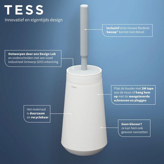 Brosse WC blanche avec manche gris, texte "TESS Design innovant et contemporain". Brosse Swoop incluse.