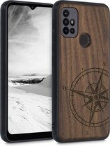 kwmobile telefoonhoesje compatibel met Motorola Moto G30 / Moto G20 / Moto G10 - Hoesje met bumper in donkerbruin - walnoothout - Vintage Kompas design