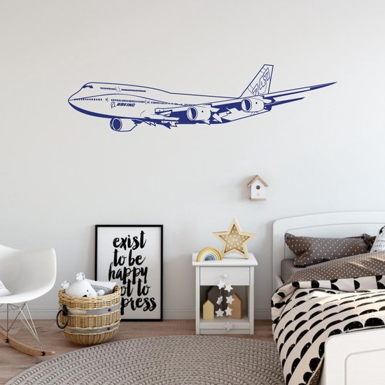 Muursticker Vliegtuig 747 - Donkerblauw - 80 x 20 cm - baby en kinderkamer - voertuig baby en kinderkamer alle
