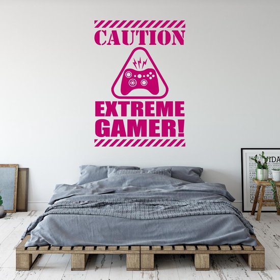 Muursticker Caution Extreme Gamer - Roze - 43 x 60 cm - taal - engelse teksten baby en kinderkamer - game muurstickers baby en kinderkamer