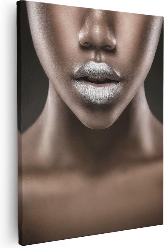 Artaza Canvas Schilderij Zilveren Lippen Van Een Afrikaanse Vrouw - 80x100 - Groot - Foto Op Canvas - Canvas Print