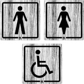 WC bord SET man-vrouw-mindervaliden 10x10 cm HOUTLOOK GREY zelfklevend
