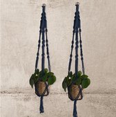 Macramé Plantenhanger Jeans Blauw - set van 2 stuks - Katoen - Poefenzo