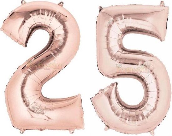 25 Jaar Folie Ballonnen Rosé Goud - Happy Birthday - Foil Balloon - Versiering - Verjaardag - Man / Vrouw - Feest - Inclusief Opblaas Stokje & Clip - XXL - 115 cm