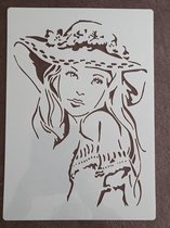 Meisje met hoed, stencil, A4, kaarten maken, scrapbooking