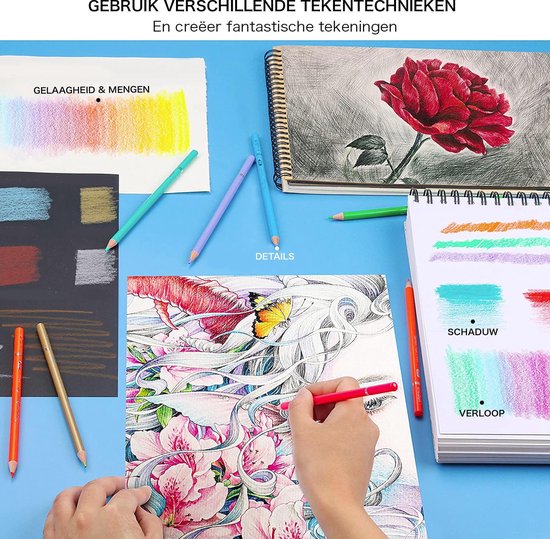 H & B 75-delige Tekenset Kleurpotloden Schetsset, Tekenpotloden met Aquarelpotlood, Metallic Potlood, Schetsboek, Kunstbenodigdheden voor Volwassenen Kunstenaars Beginners