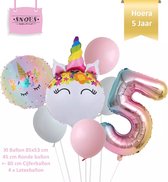 Unicorn * Eenhoorn * Ronde Ballonnen Set * Hoera 5 jaar * Cijfer 5 Ballon * Snoes * Verjaardag * Kinderfeest * Versiering eenhoorn * Set + Gratis Rietje