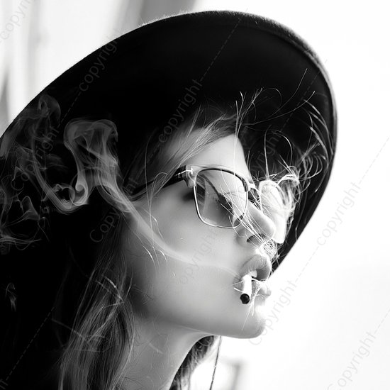 JJ-Art (Canvas) | Vrouw met hoed, sigaret en zonnebril in zwart wit Fine  Art -... | bol.com