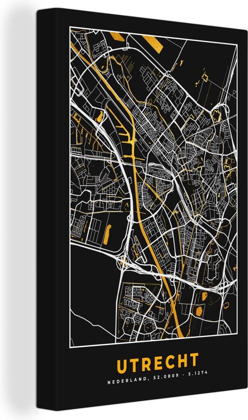 Peintures sur toile - Carte - Utrecht - Or - Zwart - 20x30 cm - Décoration murale