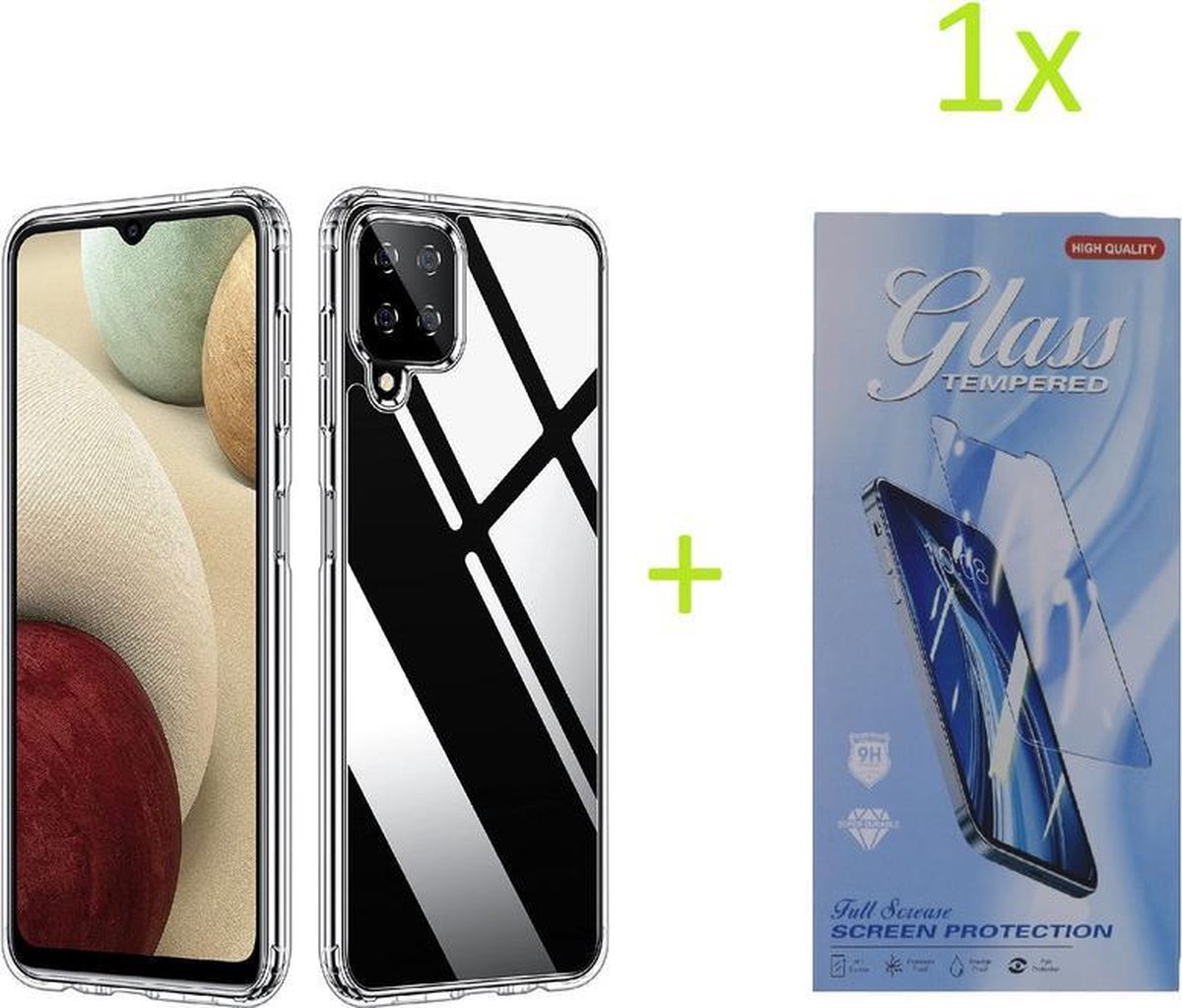 Soft Back Cover Hoesje Geschikt voor: Samsung Galaxy A12 Transparant TPU Siliconen Soft Case + 1X Tempered Glass Screenprotector
