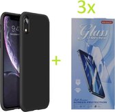 iPhone XR TPU Silicone rubberen hoesje + 3 Stuks Tempered screenprotector - zwart