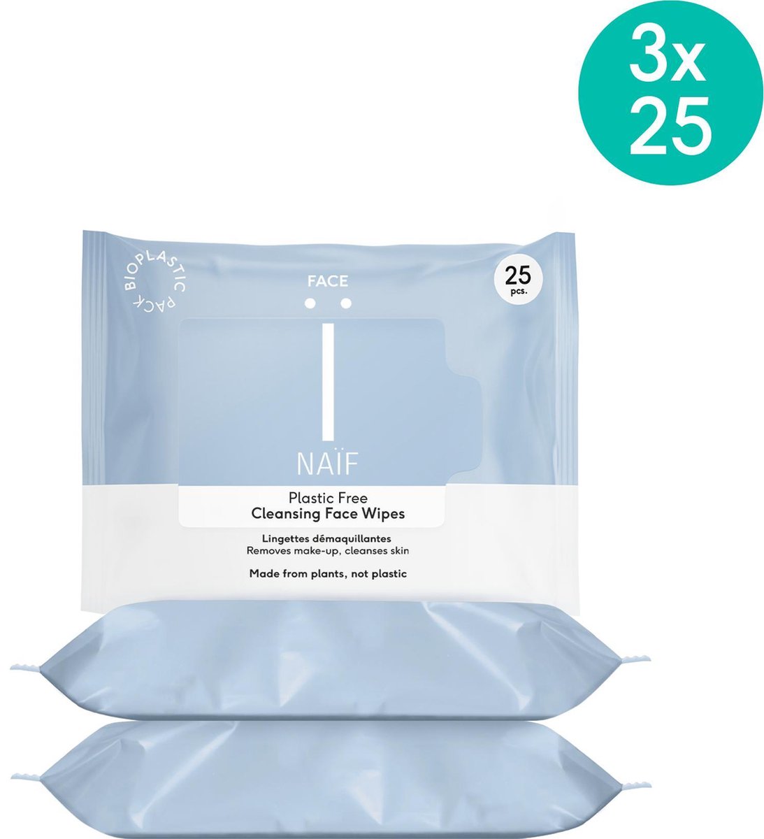 Naïf Plasticvrije Reinigende Gezichtsdoekjes - Parfumvrije Gezichtsreiniging - 25 stuks x 3 - met Natuurlijke Ingrediënten