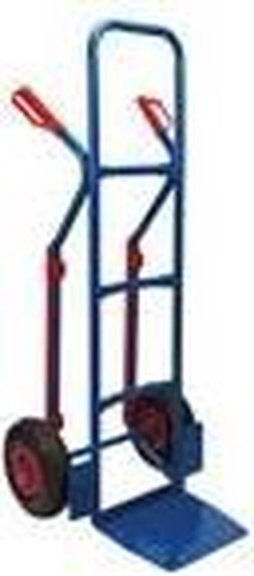 Blauwe steekwagen met rode handgrepen, twee grote luchtbanden en een blauw laadplatform.