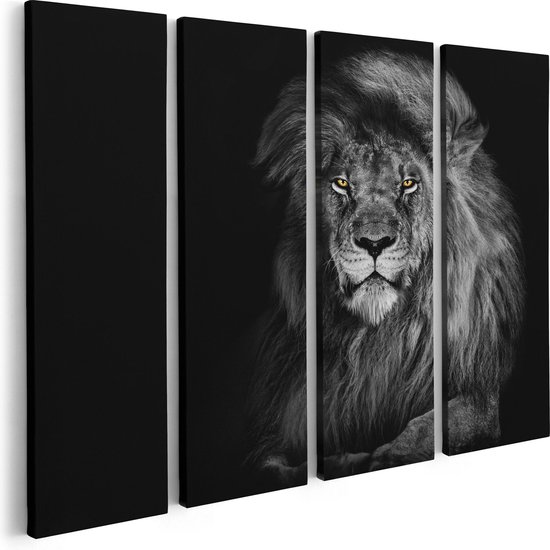 Artaza Canvas Schilderij Vierluik Leeuw Met Oranje Ogen - Zwart Wit - 80x60 - Foto Op Canvas - Canvas Print