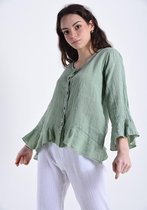 Linnen blouse in GROEN kleur met korte mouwen en borduurwerk, maat 42/44
