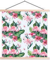 Posterhanger incl. Poster 60x60 cm - Schoolplaat - Flamingo - Bloemen - Bladeren - Patroon - Textielposter - Blanke latten
