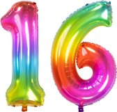 De Ballonnenkoning - Folieballon Cijfer 16 Yummy Gummy Rainbow - 86 cm