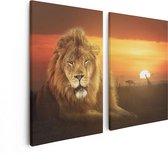 Artaza Canvas Schilderij Tweeluik Leeuw In De Savanne - Zonsondergang - 80x60 - Foto Op Canvas - Canvas Print