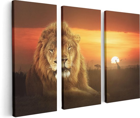Artaza - Triptyque de peinture sur toile - Lion dans la savane - Coucher de soleil - 120x80 - Photo sur toile - Impression sur toile