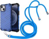 Schokbestendige honingraat pc + TPU-hoes met nekkoord voor iPhone 13 mini (blauw)