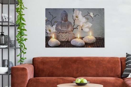 Peintures sur toile Bouddha - Bougies - Grijs - 120x80 cm - Décoration murale