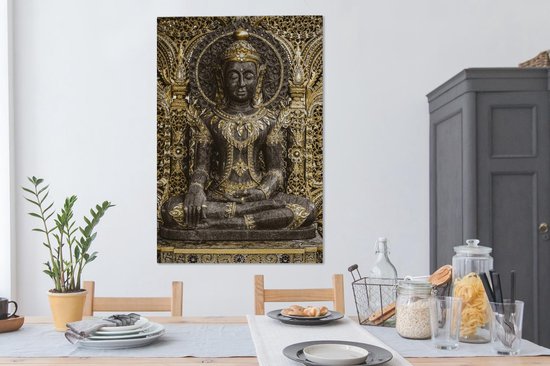 Canvas schilderij 90x140 cm - Wanddecoratie Boeddha - Beeld - Goud - Muurdecoratie woonkamer - Slaapkamer decoratie - Kamer accessoires - Schilderijen