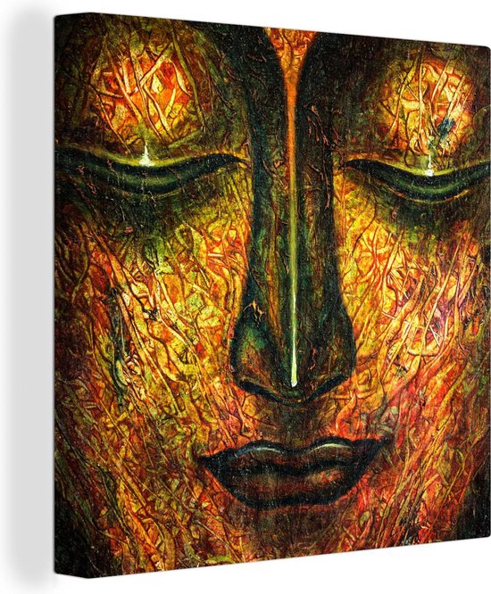 Canvas Schilderij Boeddha - Gezicht - Goud - 20x20 cm - Wanddecoratie