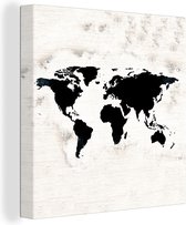 Canvas Wereldkaart - 90x90 - Wanddecoratie Wereldkaart - Zwart - Hout